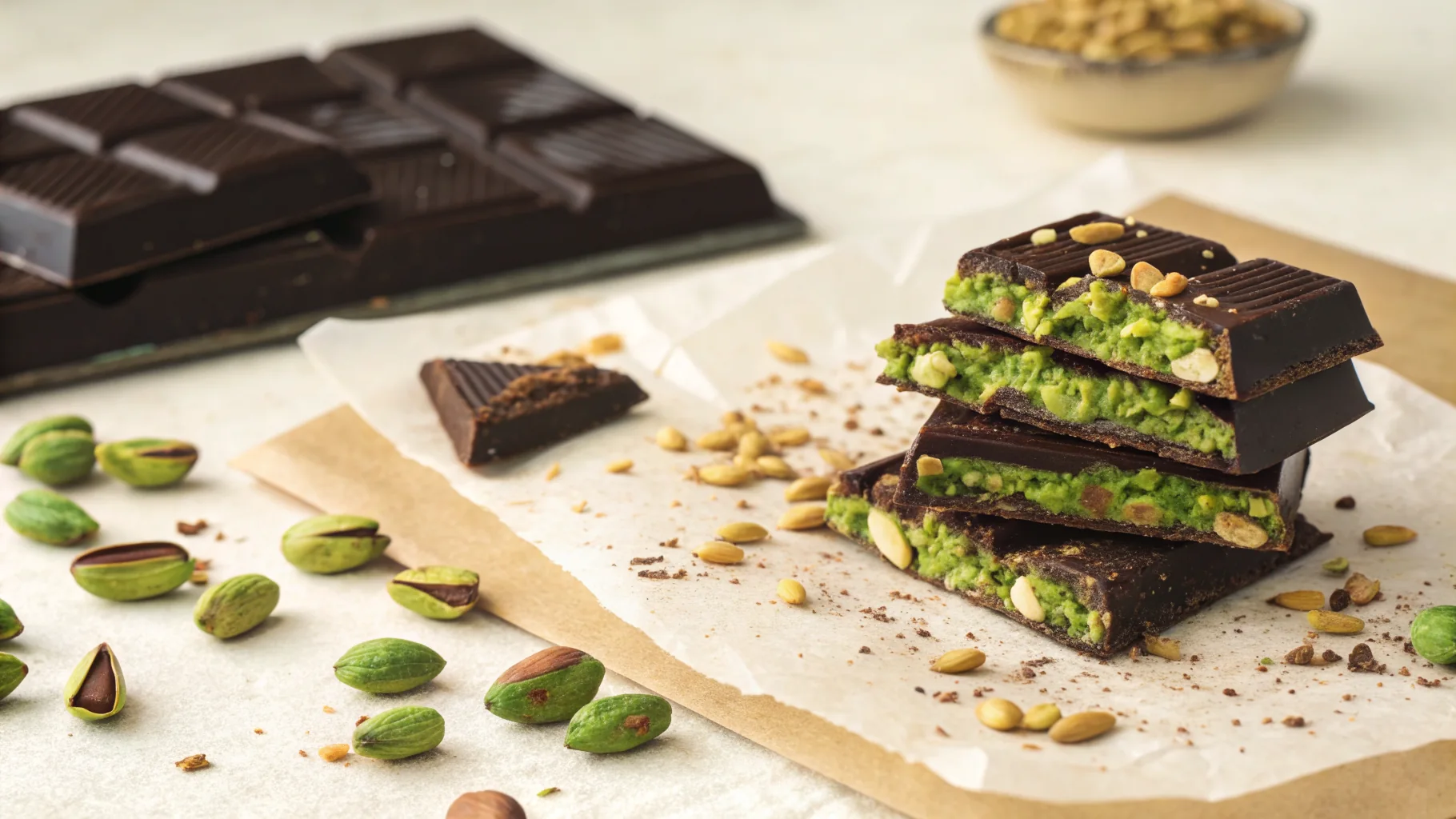 Dark chocolate with pistachio and kadayif filling
