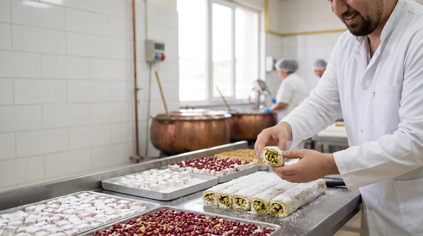 Cutting pistachio finger rolls in our Gaziantep factory