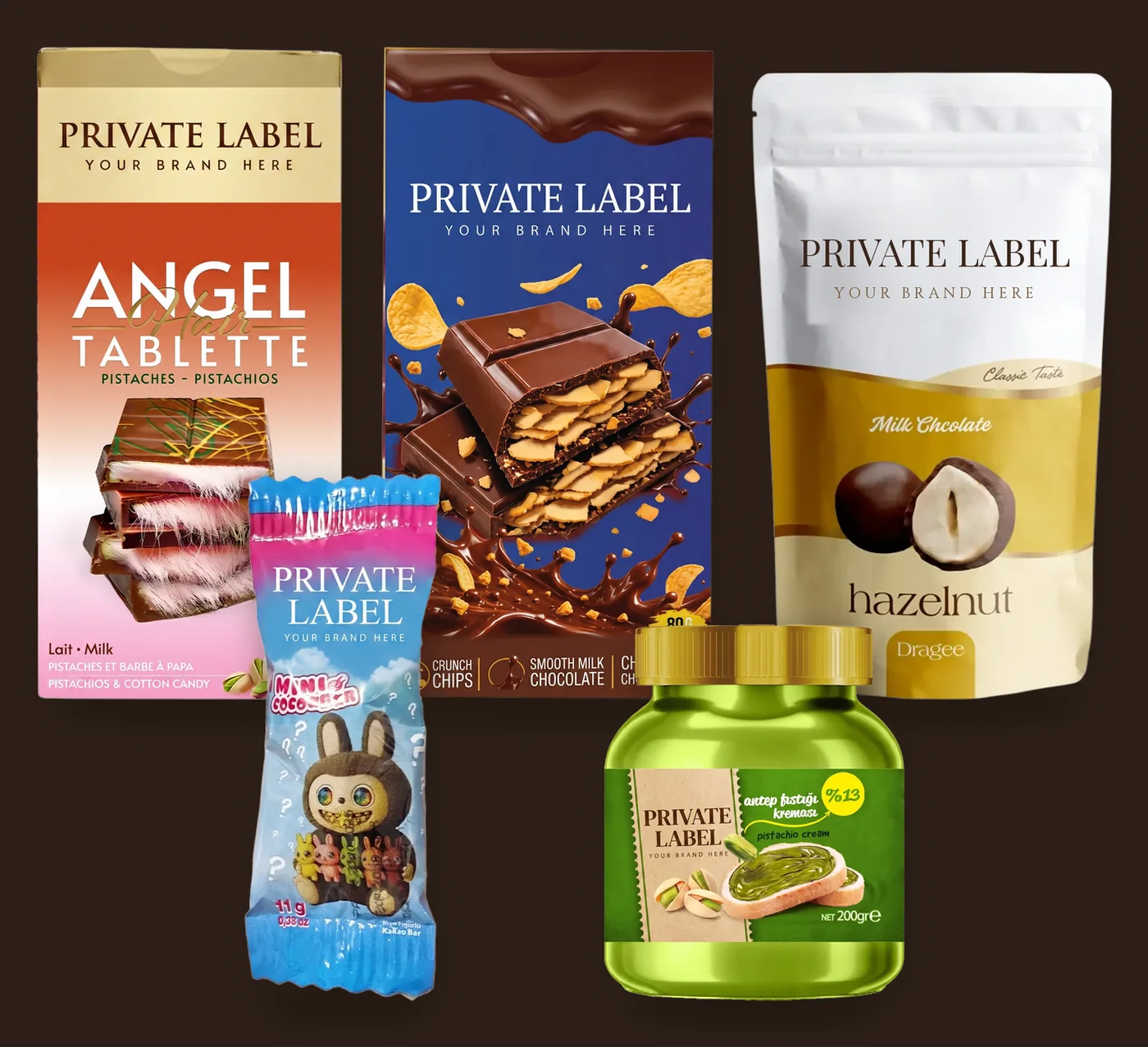 Chocolate tablet, chocolate bar, dragée doypack, children’s chocolate and pistachio spread packs carrying a private-label front