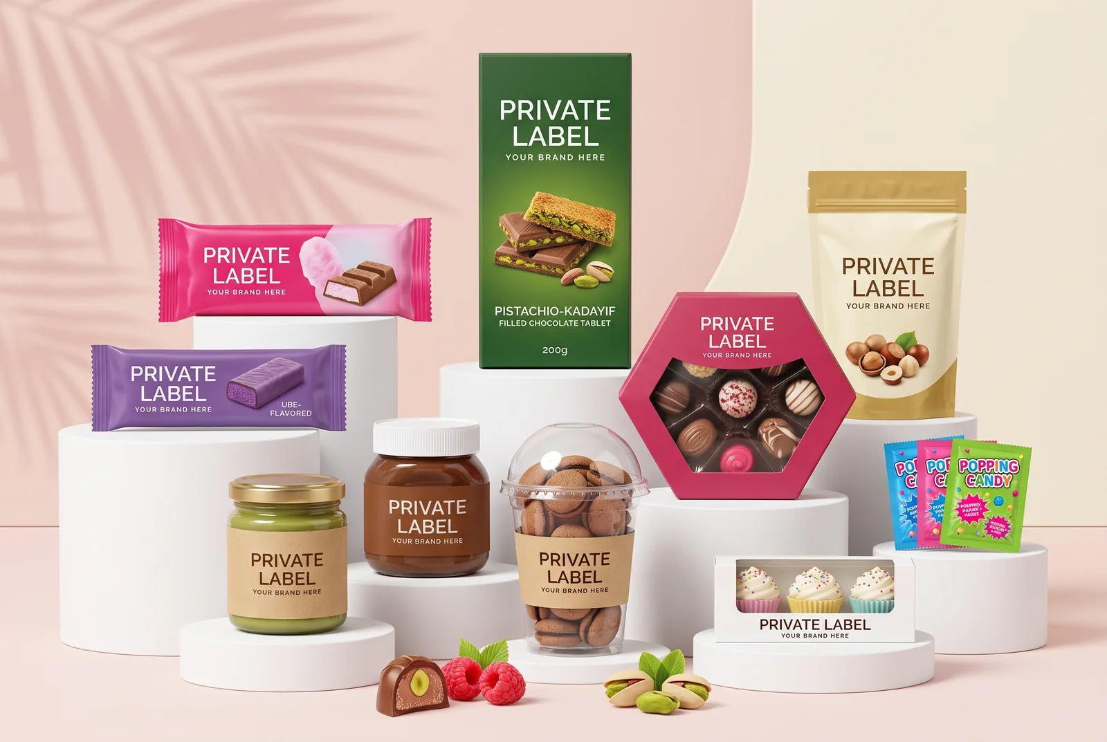 Private-label range on podiums: tablet carton, bars, doypack, praline box, spread jars, biscuit cup, cupcake box and popping-candy sachets