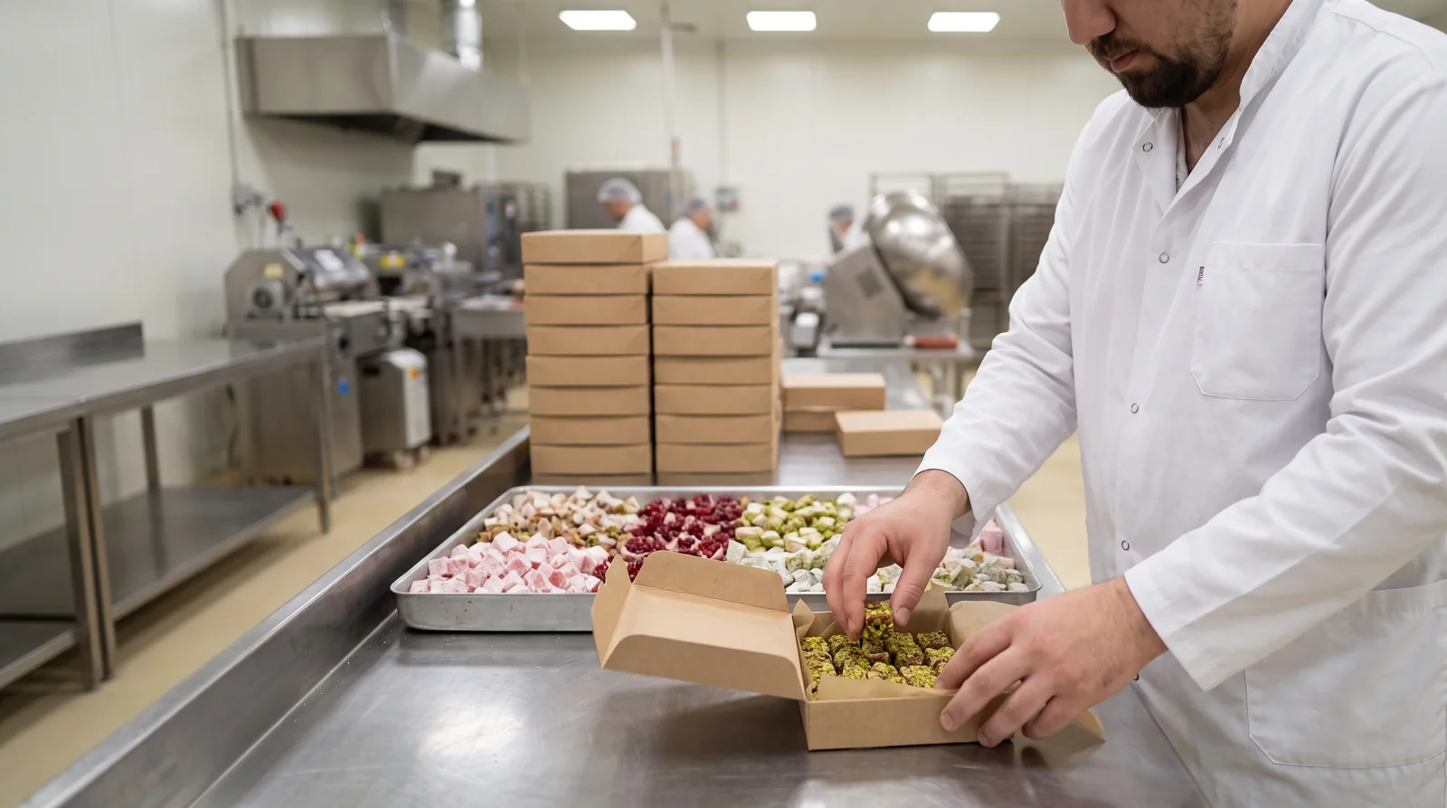Packing pistachio delight at our table in Gaziantep