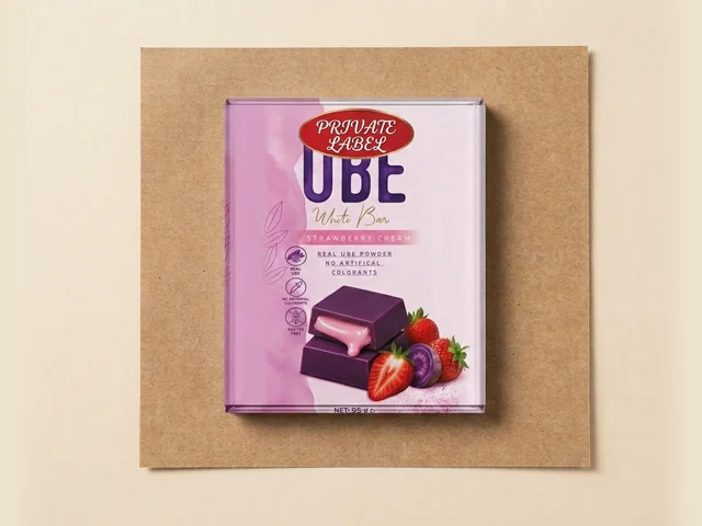 Ube white chocolate bar with strawberry cream