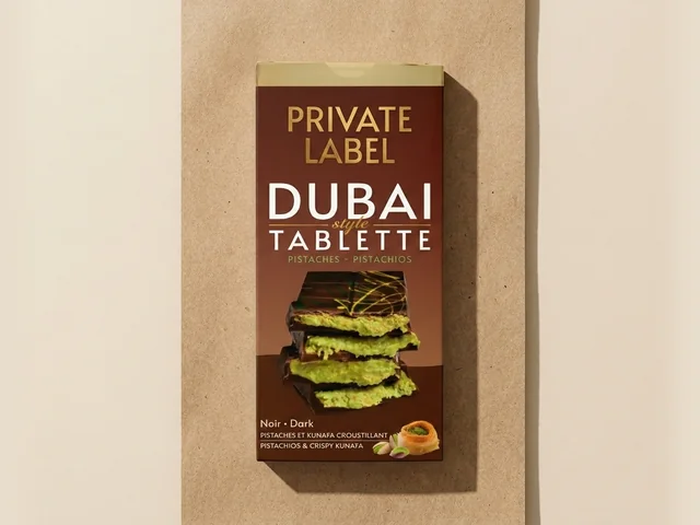Pistachio-cream and kadayif bar, dark compound