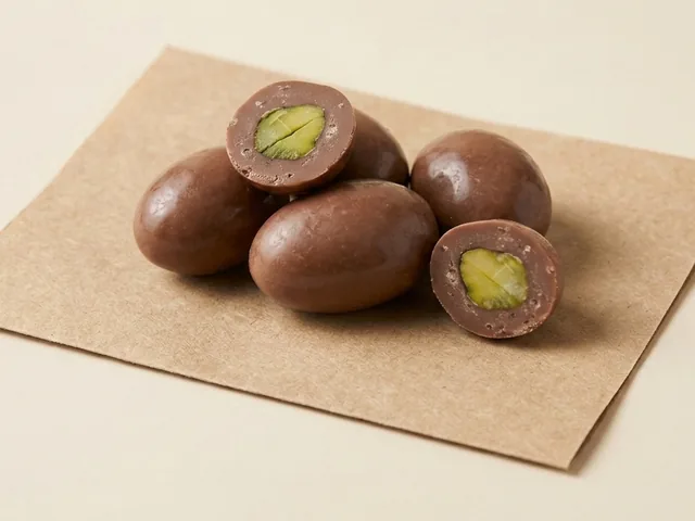 Milk-coated pistachio dragée