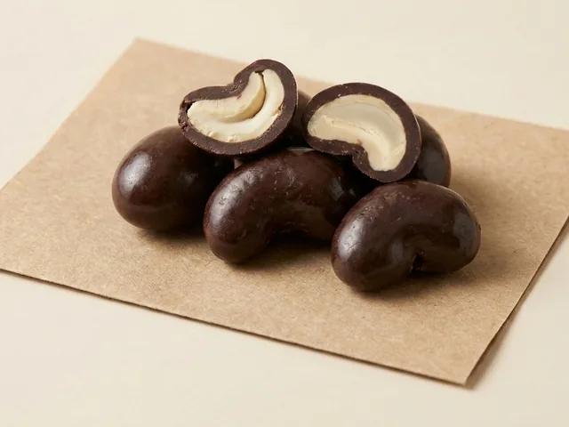 Dark-coated cashew dragée