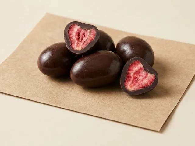 Freeze-dried strawberry, dark coating dragée