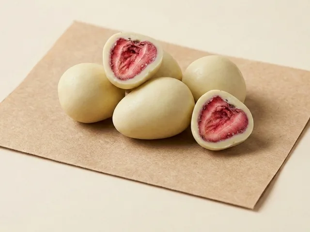Freeze-dried strawberry, white coating dragée