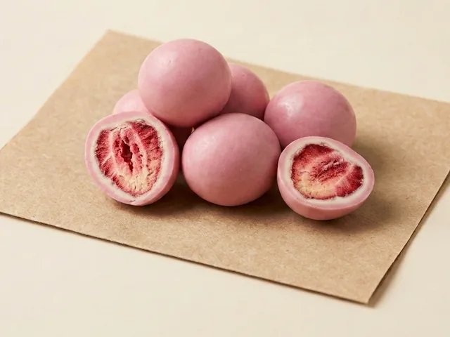 Freeze-dried strawberry, pink coating dragée