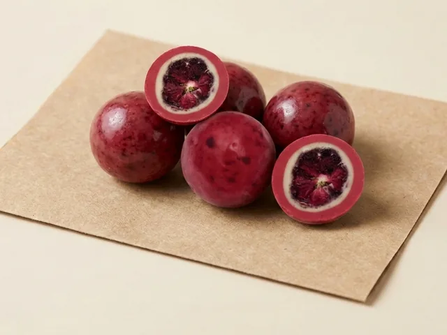 Freeze-dried blackberry, red coating dragée