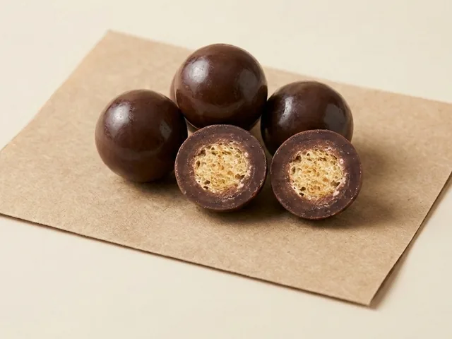 Puffed-rice dragée with popping candy, milk coating
