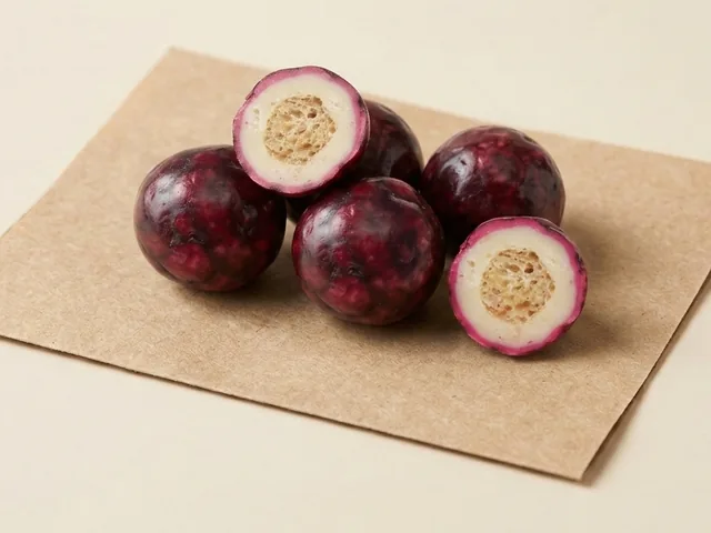 Puffed-rice dragée with popping candy, pomegranate
