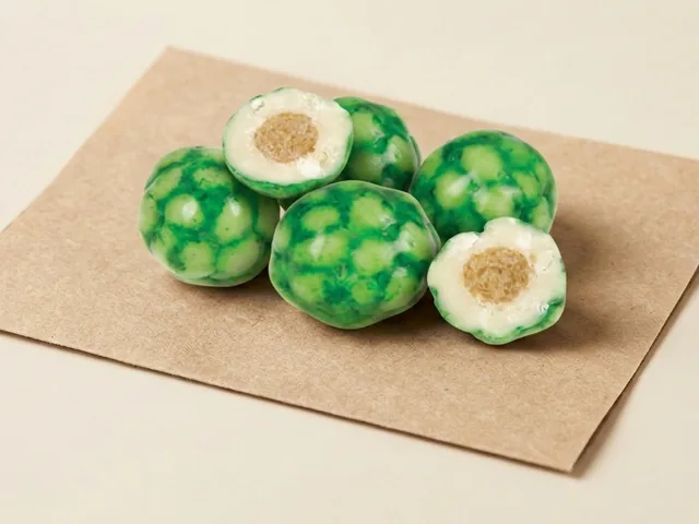 Puffed-rice dragée with popping candy, apple