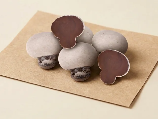 Praline-filled mushroom, white dragée