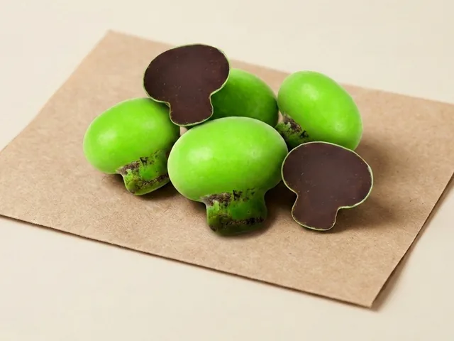 Praline-filled mushroom, green dragée