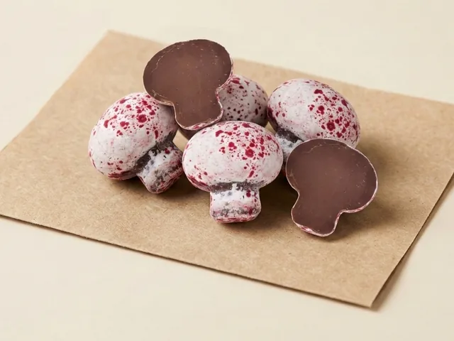 Sour-cherry-filled mushroom, speckled dragée