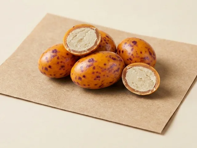 Quail egg, sour-cherry filling, orange speckled dragée
