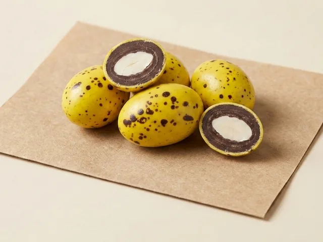 Quail egg, caramel filling, yellow speckled dragée