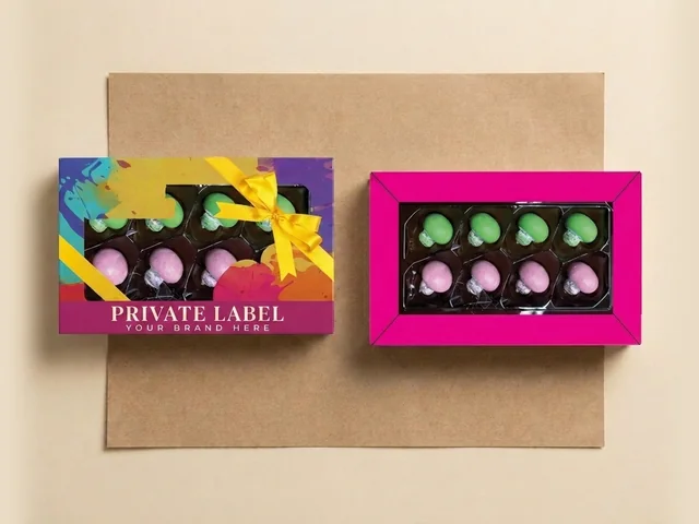 Praline-filled mushrooms, coloured dragée