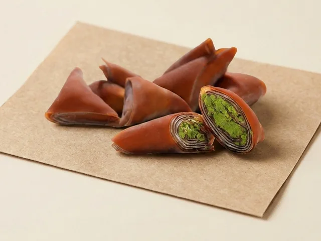 Muska triangles with pistachio and grape molasses