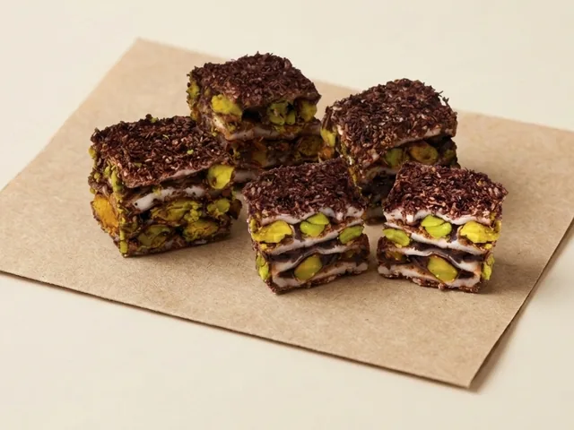 Coconut and cocoa coated pistachio baklava delight