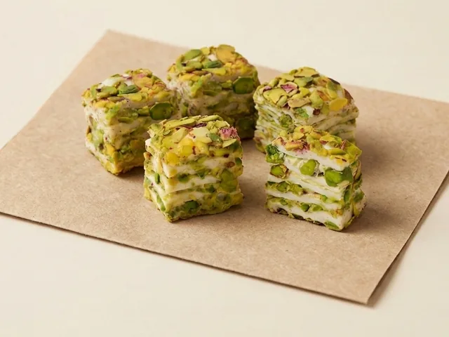 Slivered-pistachio coated cream baklava delight