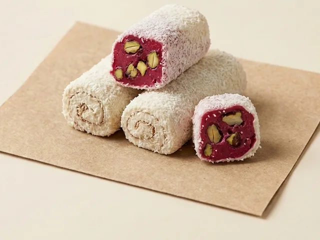 Coconut coated strawberry cream roll