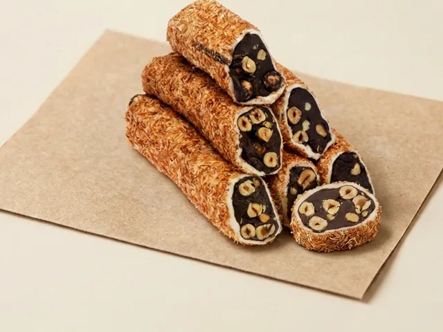 Kadayif coated hazelnut cocoa cream roll