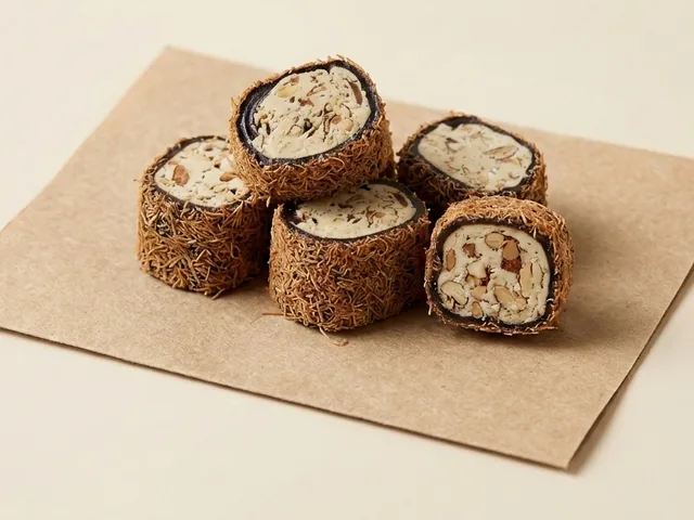 Kadayif coated cocoa and almond cream roll