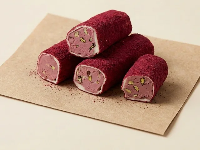 Red-velvet coated strawberry cream roll