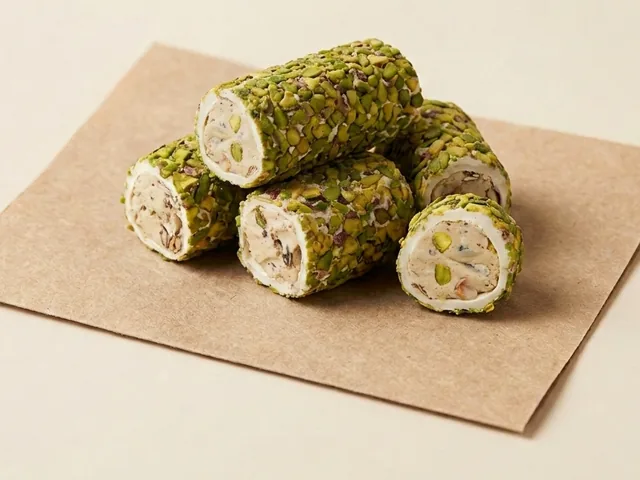 Slivered-pistachio coated almond cream roll