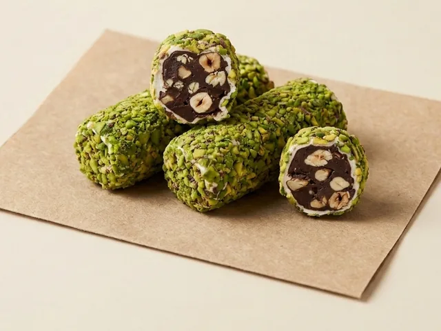 Slivered-pistachio coated hazelnut cocoa cream roll