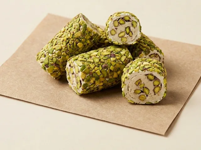 Coconut and pistachio-grain coated pistachio cream roll