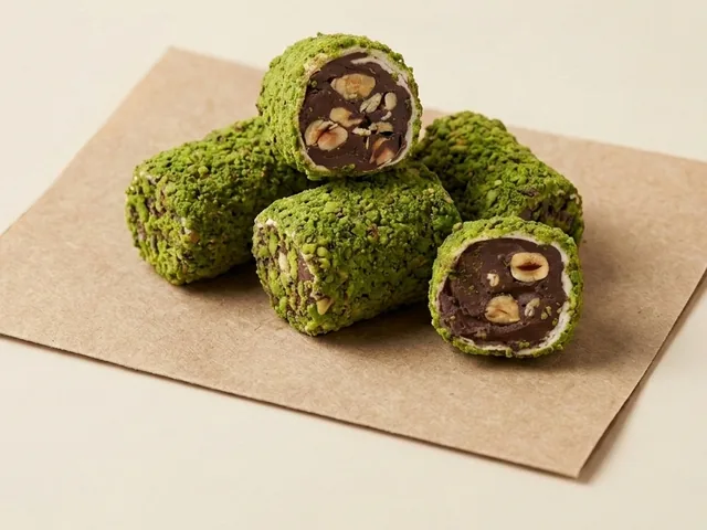 Pistachio-grain coated hazelnut cocoa cream roll