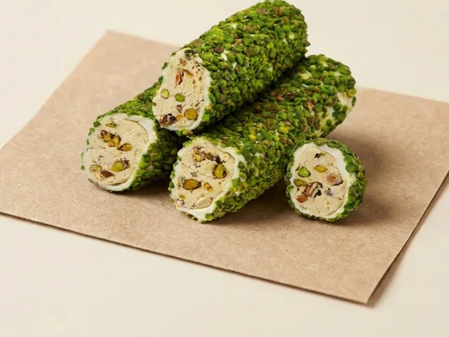 Pistachio-grain coated pistachio cream roll