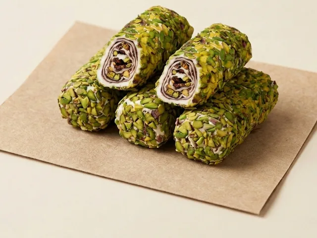 Slivered-pistachio coated chocolate roulade