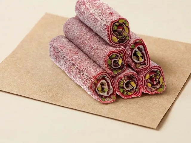 Coconut coated pomegranate and pistachio roulade