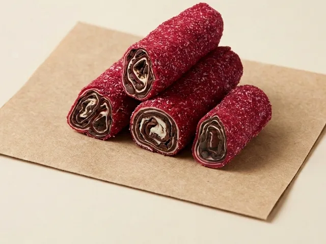 Red-coconut coated chocolate roulade