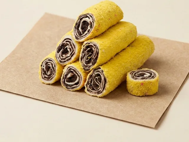Yellow-vermicelli coated chocolate roulade