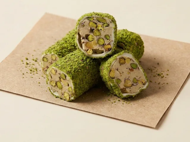 Ground-pistachio coated pistachio cream roulade