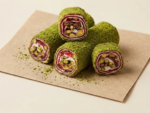 Ground-pistachio coated pomegranate and pistachio roulade