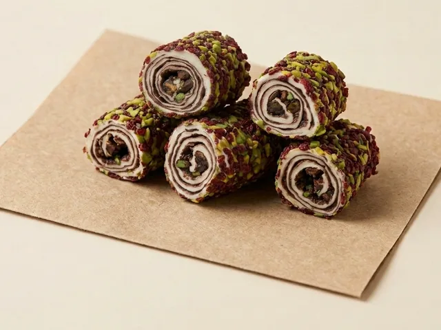 Barberry and slivered-pistachio coated chocolate roulade