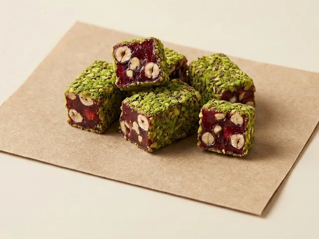 Slivered-pistachio coated pomegranate and hazelnut royal lokum
