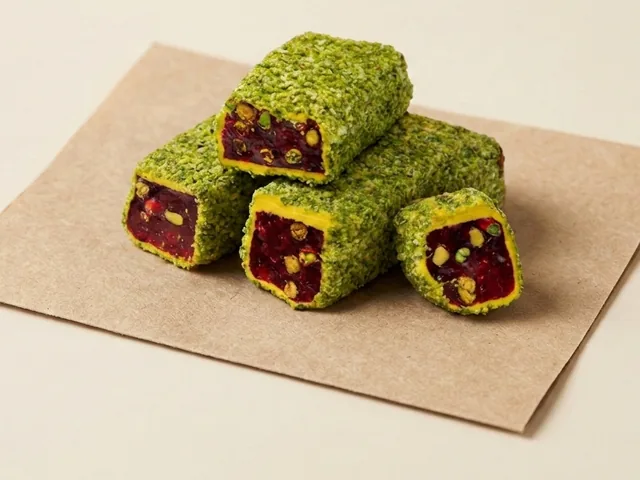 Coconut and pistachio coated pomegranate and pistachio royal lokum