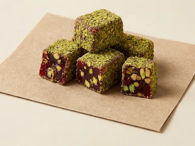 Coconut coated pomegranate and pistachio royal lokum