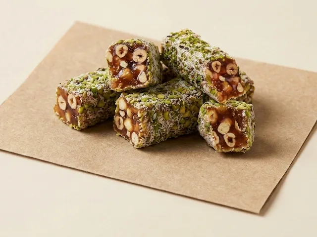 Coconut and pistachio-grain coated orange and hazelnut royal lokum