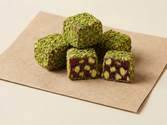 Pistachio-grain coated pomegranate and pistachio royal lokum