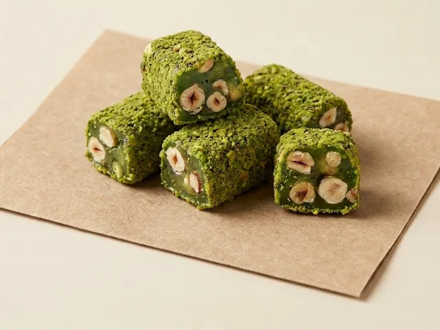 Green-velvet coated apple and hazelnut royal lokum