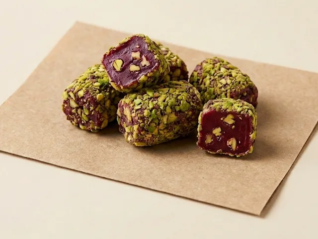 Barberry and slivered-pistachio coated pomegranate and pistachio royal lokum