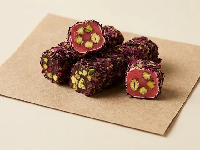 Rose-petal coated pomegranate and pistachio royal lokum