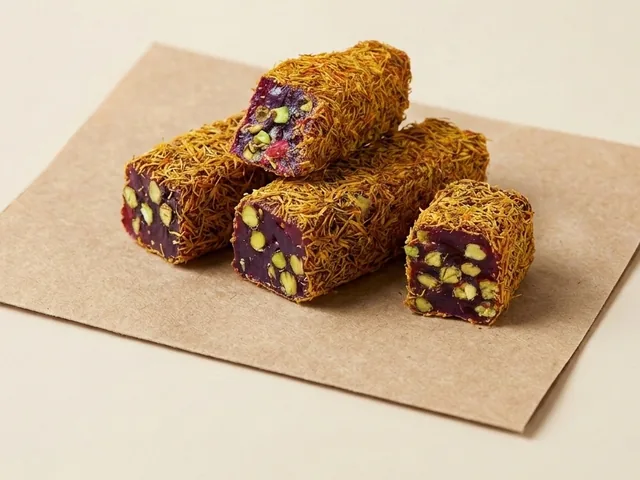 Saffron coated pomegranate and pistachio royal lokum